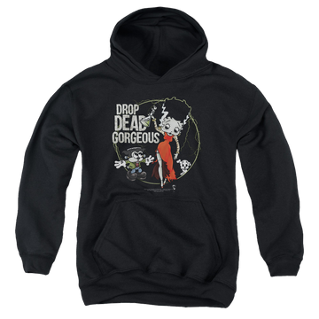 Black youth hoodie for ages 8 to 12 with Betty Boop Drop Dead Gorgeous graphic