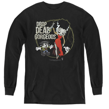 Black youth long sleeve t-shirt with Betty Boop Drop Dead Gorgeous graphic