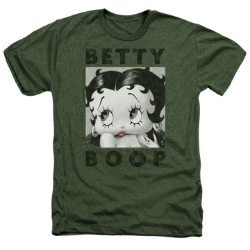 Military green men's heather t-shirt with Betty Boop Camo Glamour graphic
