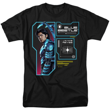 Black men's regular fit t-shirt with BLUE BEETLE (2023) Data Read Out graphic