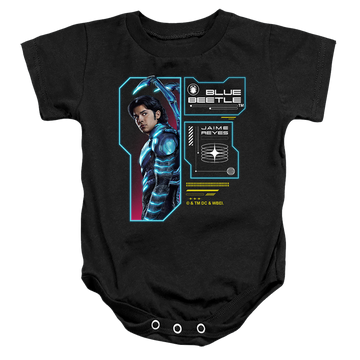 Black baby bodysuit with BLUE BEETLE (2023) Data Read Out graphic