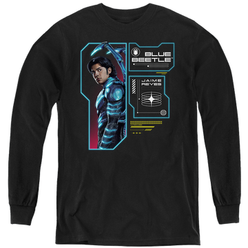 Black youth long sleeve t-shirt with BLUE BEETLE (2023) Data Read Out graphic