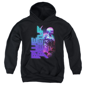 Black youth hoodie for ages 8 to 12 with BLUE BEETLE (2023) Lightning graphic