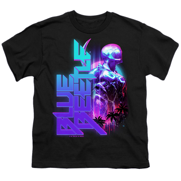 Black youth t-shirt for ages 8 to 12 with BLUE BEETLE (2023) Lightning graphic