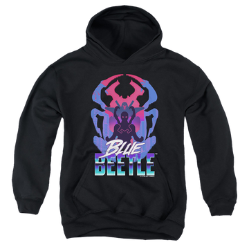 Black youth hoodie for ages 8 to 12 with BLUE BEETLE (2023) Silhouette graphic