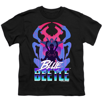 Black youth t-shirt for ages 8 to 12 with BLUE BEETLE (2023) Silhouette graphic