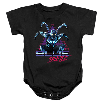 Black baby bodysuit with BLUE BEETLE (2023) Leaping Triangle graphic
