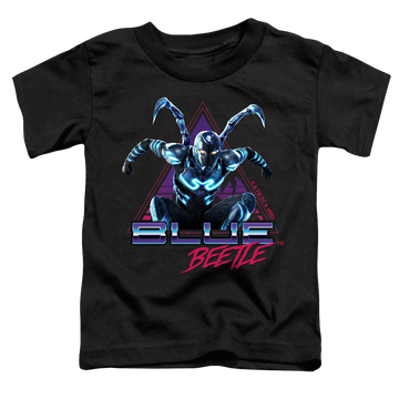 Black toddler t-shirt with BLUE BEETLE (2023) Leaping Triangle graphic