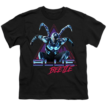 Black youth t-shirt for ages 8 to 12 with BLUE BEETLE (2023) Leaping Triangle graphic