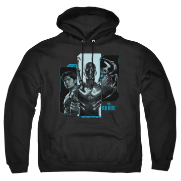 Black pullover hoodie with BLUE BEETLE (2023) Host Reyes graphic
