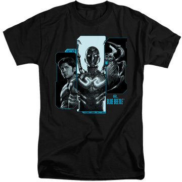 Black men's tall fit t-shirt with BLUE BEETLE (2023) Host Reyes graphic