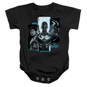 Black baby bodysuit with BLUE BEETLE (2023) Host Reyes graphic