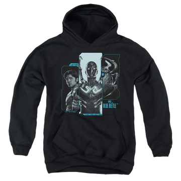 Black youth hoodie for ages 8 to 12 with BLUE BEETLE (2023) Host Reyes graphic
