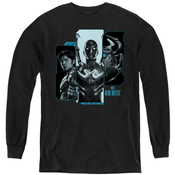 Black youth long sleeve t-shirt with BLUE BEETLE (2023) Host Reyes graphic