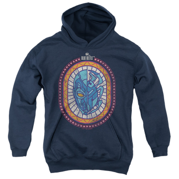 Navy youth hoodie for ages 8 to 12 with BLUE BEETLE (2023) Reyes Courage graphic