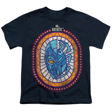 Navy youth t-shirt for ages 8 to 12 with BLUE BEETLE (2023) Reyes Courage graphic