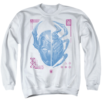 White men's crewneck sweatshirt with BLUE BEETLE (2023) Split Beetle graphic