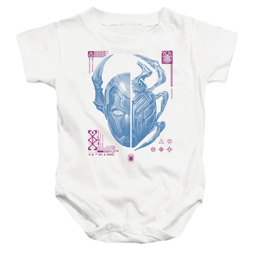 White baby bodysuit with BLUE BEETLE (2023) Split Beetle graphic
