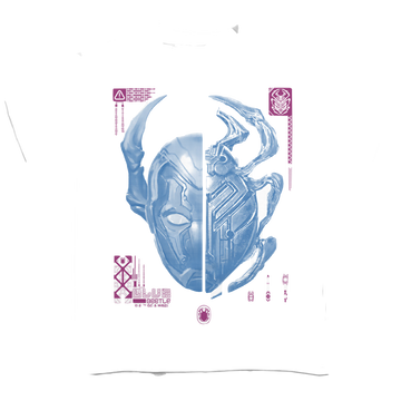 White youth t-shirt for ages 8 to 12 with BLUE BEETLE (2023) Split Beetle graphic