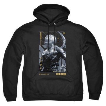 Black pullover hoodie with BLUE BEETLE (2023) Beetle Heads Up graphic