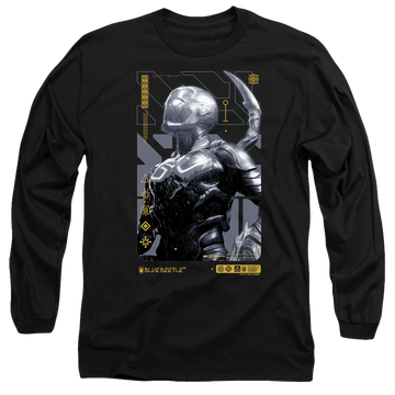 Black men's long sleeve t-shirt with BLUE BEETLE (2023) Beetle Heads Up graphic