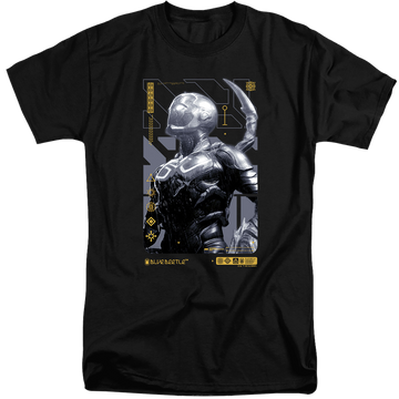 Black men's tall fit t-shirt with BLUE BEETLE (2023) Beetle Heads Up graphic