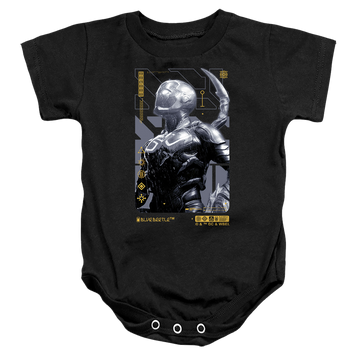 Black baby bodysuit with BLUE BEETLE (2023) Beetle Heads Up graphic