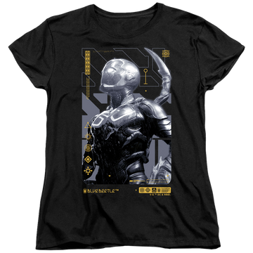 Black women's t-shirt with BLUE BEETLE (2023) Beetle Heads Up graphic