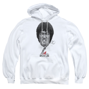 White pullover hoodie with Bruce Lee Self Help graphic