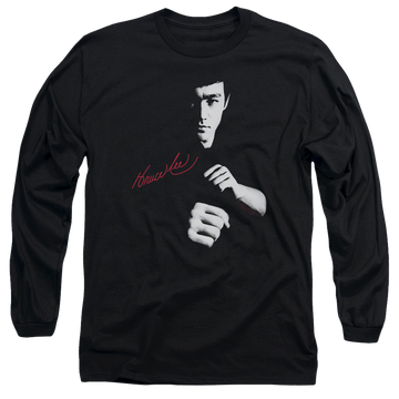 Black men's long sleeve t-shirt with Bruce Lee The Dragon Awaits graphic