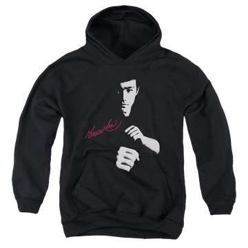 Black youth hoodie for ages 8 to 12 with Bruce Lee The Dragon Awaits graphic