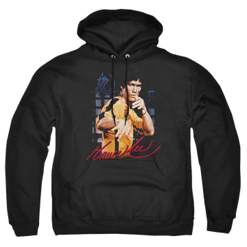 Black pullover hoodie with Bruce Lee Yellow Jumpsuit graphic