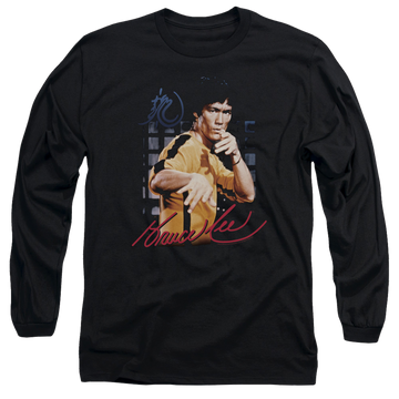 Black men's long sleeve t-shirt with Bruce Lee Yellow Jumpsuit graphic