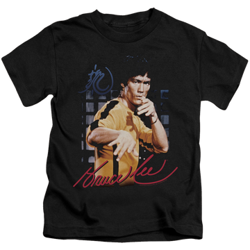 Black kid's t-shirt for ages 4 to 7 with Bruce Lee Yellow Jumpsuit graphic