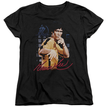 Black women's t-shirt with Bruce Lee Yellow Jumpsuit graphic