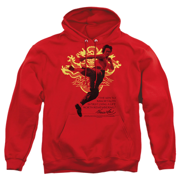Red pullover hoodie with Bruce Lee Immortal Dragon graphic