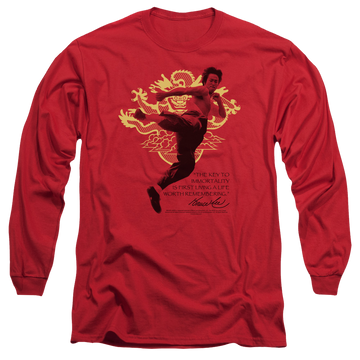 Red men's long sleeve t-shirt with Bruce Lee Immortal Dragon graphic
