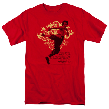 Red men's regular fit t-shirt with Bruce Lee Immortal Dragon graphic