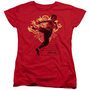 Red women's t-shirt with Bruce Lee Immortal Dragon graphic