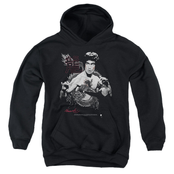 Black youth hoodie for ages 8 to 12 with Bruce Lee The Dragon graphic