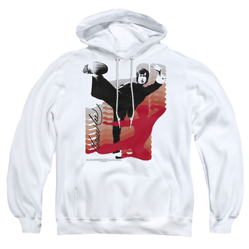 White pullover hoodie with Bruce Lee Kick It graphic