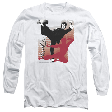 White men's long sleeve t-shirt with Bruce Lee Kick It graphic