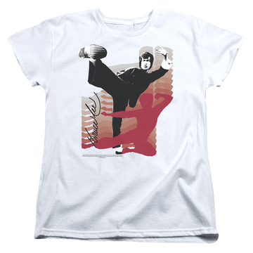 White women's t-shirt with Bruce Lee Kick It graphic