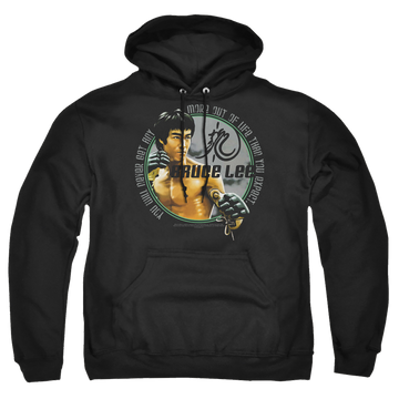 Black pullover hoodie with Bruce Lee Expectations graphic