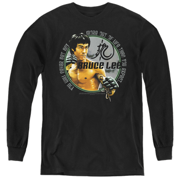 Black youth long sleeve t-shirt with Bruce Lee Expectations graphic