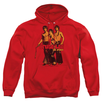 Red pullover hoodie with Bruce Lee Nunchucks graphic