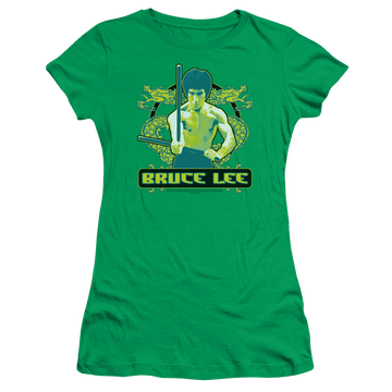 Kelly green juniors t-shirt with Bruce Lee Double Dragons graphic