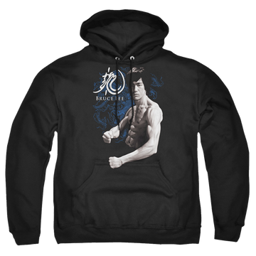 Black pullover hoodie with Bruce Lee Dragon Stance graphic