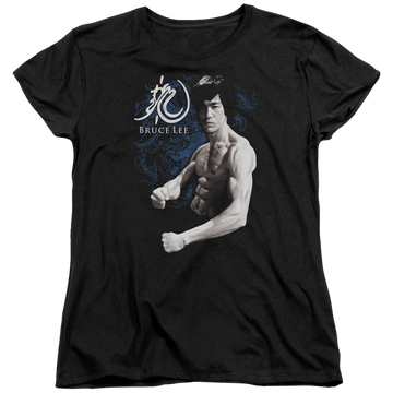Black women's t-shirt with Bruce Lee Dragon Stance graphic