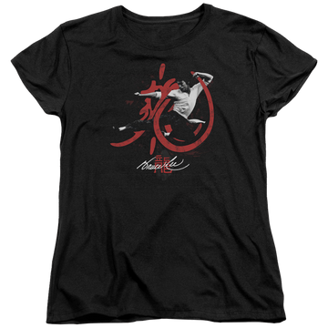Black women's t-shirt with Bruce Lee High Flying graphic